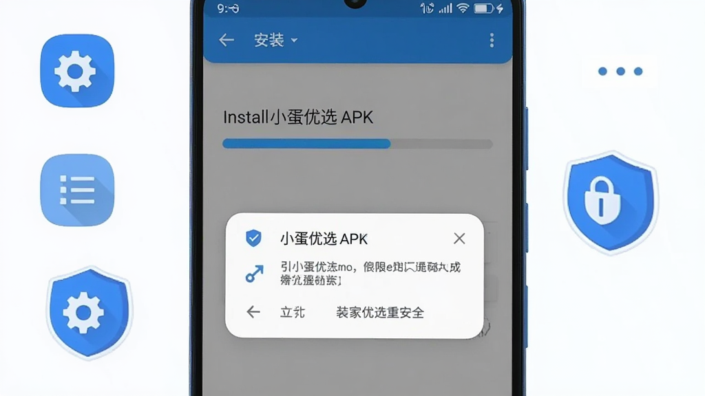 一张展示安卓手机安装“小蛋优选”APK过程的截图风格图片,画面中手机屏幕显示安装进度条和权限请求弹窗,周围有设置菜单图标和安全盾牌标识,整体风格简洁科技感,配色以蓝色和白色为主,画质清晰干净,无多余元素