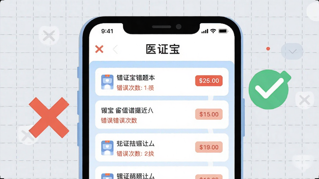 画面展示一个手机屏幕特写,屏幕内呈现“医证宝”错题本页面,列表中有多道错题条目并标注错误次数,屏幕旁边悬浮着红色叉号标记和绿色对勾标记,背景为浅灰色网格纹理,整体采用扁平化UI插画风格,色调以白色、浅蓝、橙红点缀为主,排版清晰有层次,画质干净锐利,无多余装饰元素