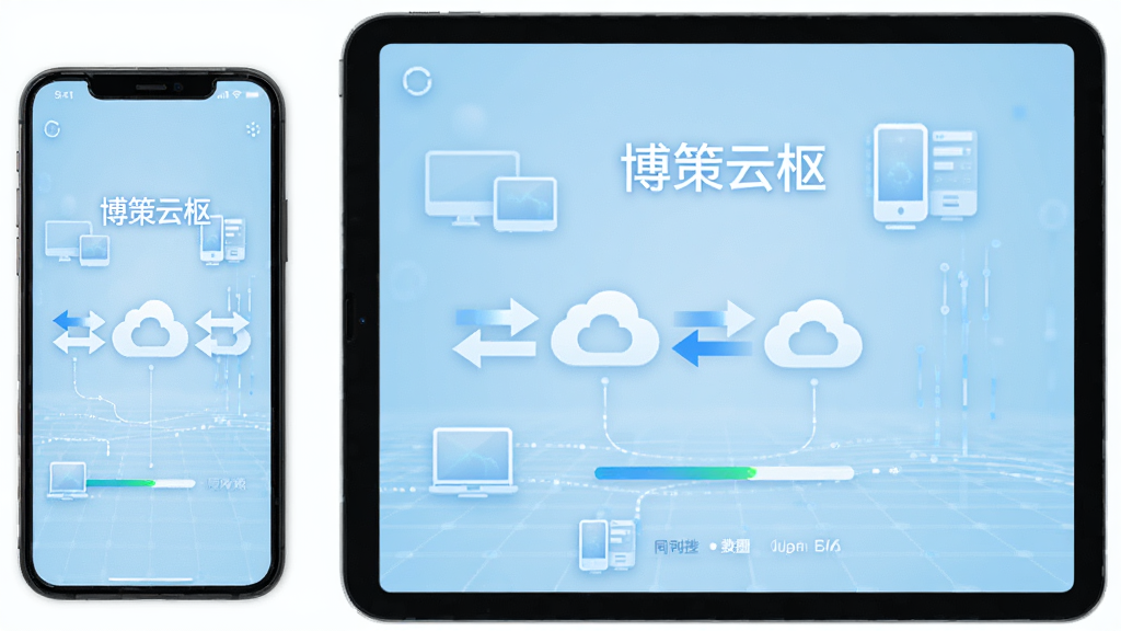 一部手机与一台平板并排摆放,屏幕均显示“博策云枢”的云端同步界面,中间有双向箭头和云朵图标连接,背景为浅蓝色科技感网格,风格简洁明快,细节包括同步进度条、设备图标、数据流动线条,画质清晰,干净,无多余元素