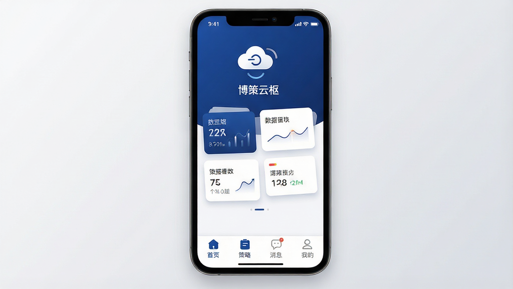 手机屏幕中央显示“博策云枢”应用主界面,界面采用深蓝与白色配色,顶部有云端同步图标,中部为卡片式数据看板,底部导航栏包含首页、策略、消息、我的四个图标,背景为浅灰色渐变,整体布局简洁商务,风格现代扁平化,细节包括圆角卡片、细小阴影、清晰图标线条,画质高清,干净,无多余元素