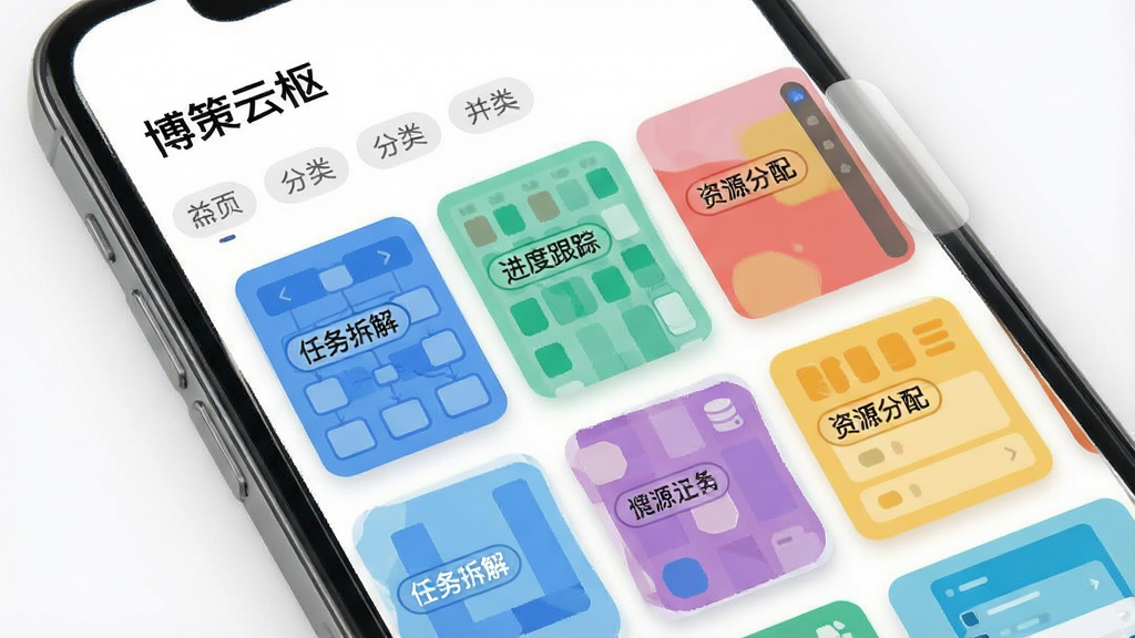 手机屏幕展示“博策云枢”模板库页面,网格状排列多个彩色模板卡片,卡片上有“任务拆解”“进度跟踪”“资源分配”等文字标签,背景为白色,风格清新简约,细节包括圆角卡片、淡色阴影、分类标签栏,画质高清,干净,无多余元素