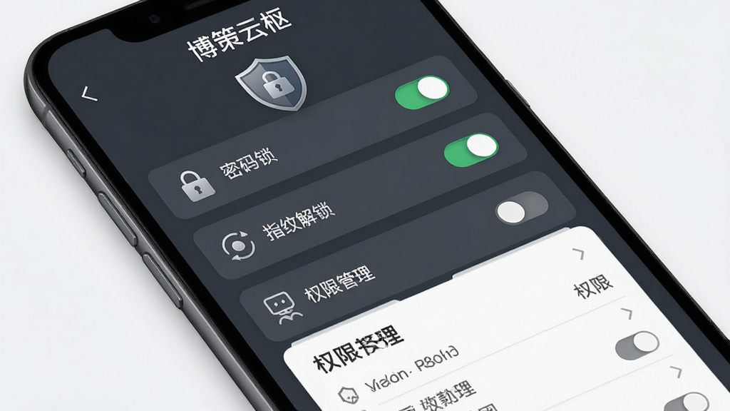 手机屏幕显示“博策云枢”安全设置页面,包含密码锁、指纹解锁、权限管理三个选项,背景为深灰色,风格沉稳安全,细节包括盾牌图标、开关按钮、权限列表,画质高清,干净,无多余元素