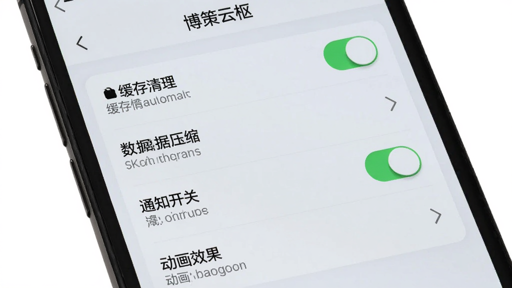 手机屏幕显示“博策云枢”的设置页面,包含缓存清理、数据压缩、通知开关、动画效果四个选项,背景为浅色,风格简洁实用,细节包括开关按钮、箭头图标、文字说明,画质清晰,干净,无多余元素