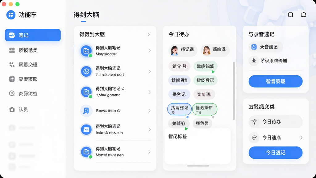得到大脑软件主界面展示,画面中央为得到大脑的笔记列表与智能标签分类区域,左侧为功能导航栏,右侧为今日待办与录音速记入口,整体布局清晰,排版采用卡片式设计,风格为现代简约科技风,细节上突出蓝色高亮按钮与圆角图标,画质高清,界面干净,无多余元素
