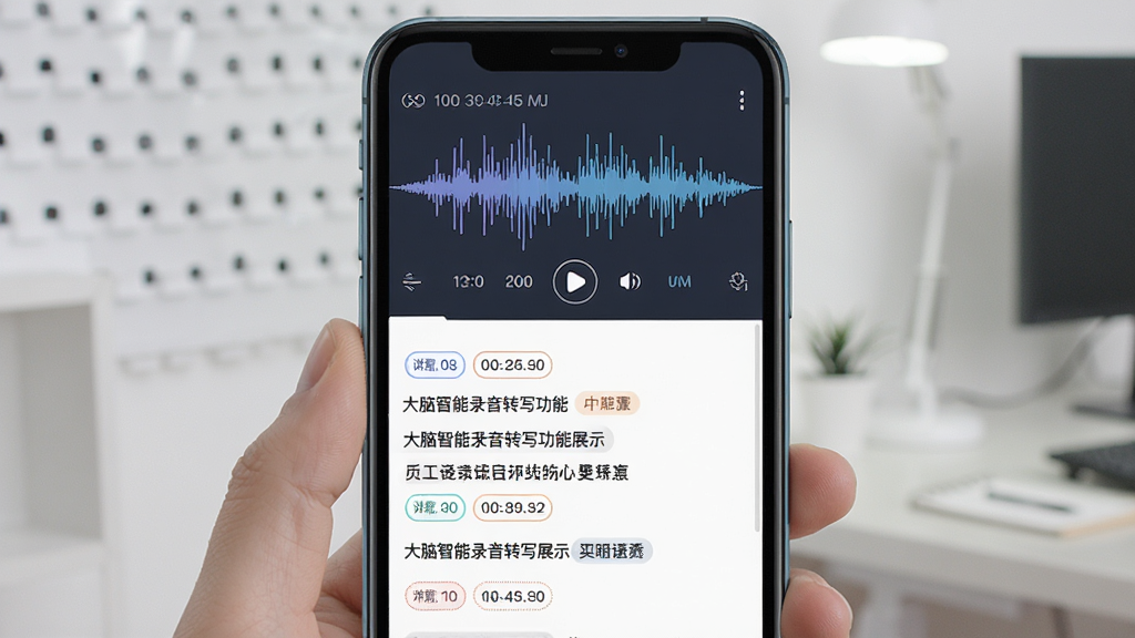 得到大脑智能录音转写功能展示,画面主体为手机屏幕中的录音波形与实时转写文字对照界面,布局上采用上下分栏,上方为波形动态图,下方为转写文本流,风格为扁平化科技感,细节包含时间戳标记与说话人区分标签,画质清晰,整体干净整洁,无杂乱元素