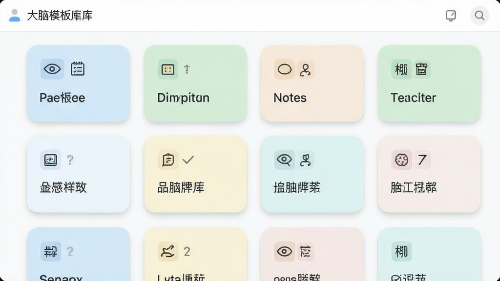 得到大脑模板库界面,画面展示多个笔记模板卡片整齐排列,卡片上带有图标与模板名称,布局为网格状,风格为清新浅色系,细节上卡片带有圆角与轻微阴影,画质清晰,界面干净,无多余元素