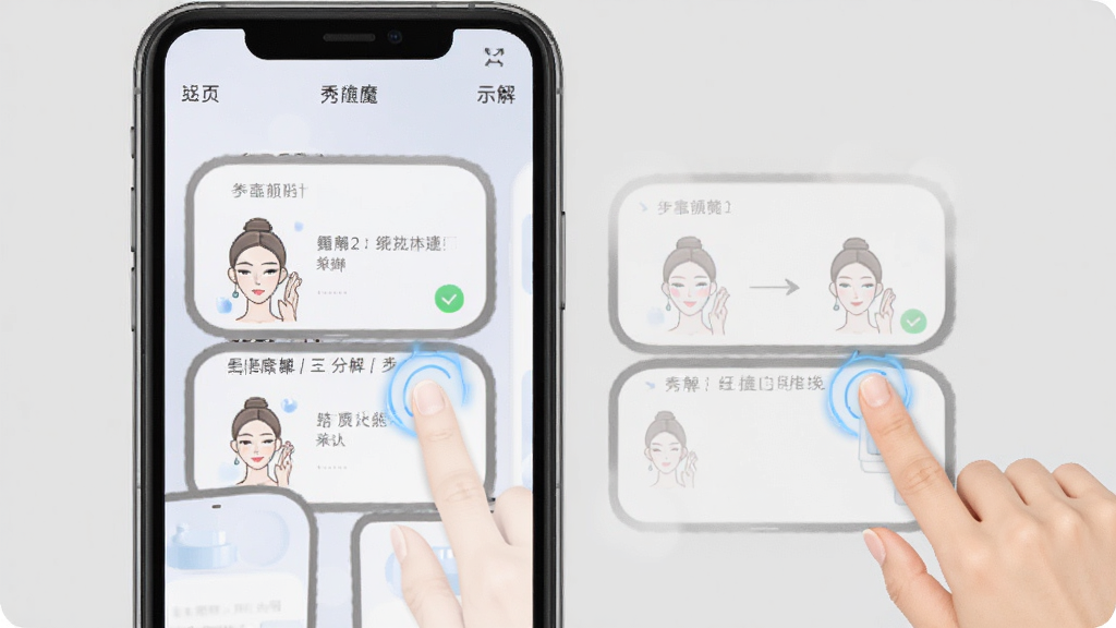 秀颜魔盒使用教程示意图,画面中一部手机屏幕显示软件操作步骤分解,旁边有手指点击屏幕的动画效果,背景为浅灰色简洁风格,画质清晰干净,无多余元素