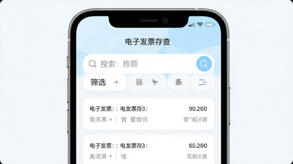 电子发票存查检索功能界面,手机屏幕居中显示搜索框与筛选条件,下方列出匹配的发票条目,界面标注