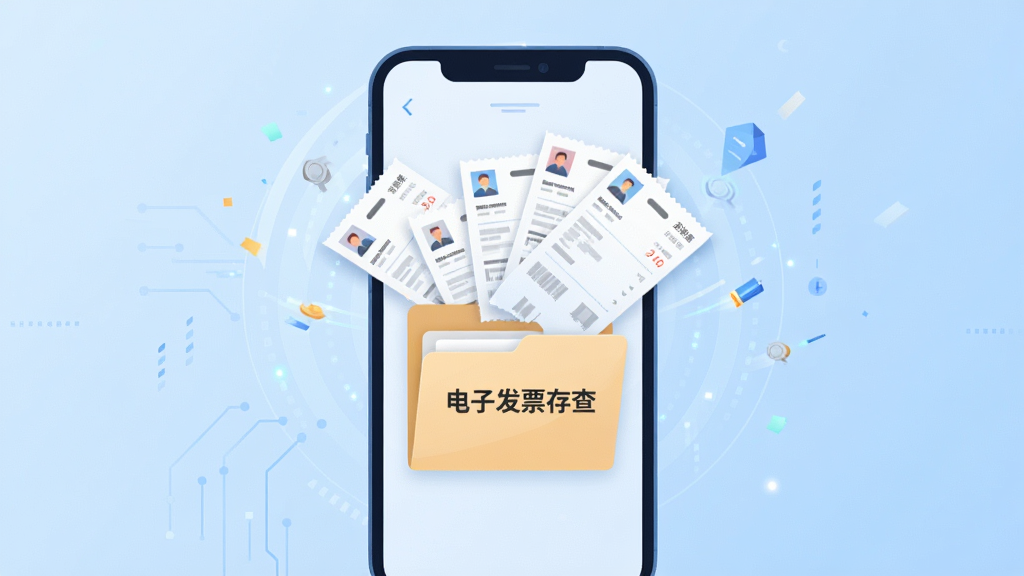 电子发票存查智能归集功能展示,画面中央为手机屏幕,屏幕内显示多张发票自动飞入归档文件夹的动画效果,文件夹标注