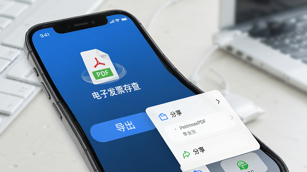 电子发票存查PDF导出操作界面,手机屏幕展示导出按钮与分享菜单,画面中出现PDF文件图标与