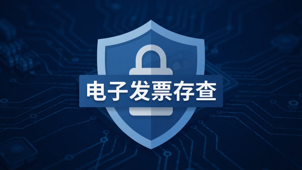 电子发票存查数据安全功能展示,画面中央为盾牌与锁形图标,盾牌上标注