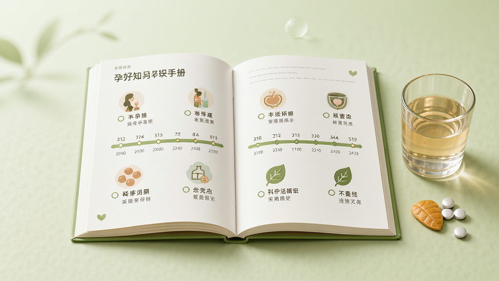 画面主体为一本打开的孕期知识手册,手册页面上浮现出孕周时间轴和对应的科普要点图标,旁边放置一杯温水和叶酸片;背景为淡雅的浅绿色渐变,整体风格温馨治愈,布局居中对称,画质清晰干净,无多余装饰元素。