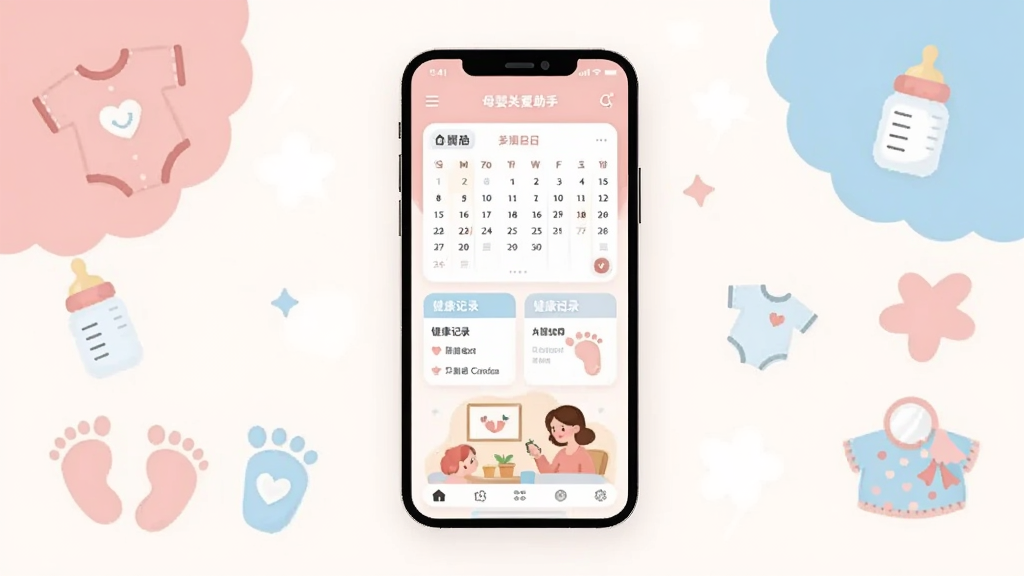 画面中央展示一部智能手机,手机屏幕上呈现母婴关爱助手应用的主界面,界面包含孕期日历、健康记录卡片和温馨插画;手机周围环绕柔和的粉色与浅蓝色装饰元素,如小衣服、奶瓶、婴儿脚印等图标;整体采用扁平化插画风格,色调温暖柔和,布局简洁清晰,画质干净明亮,无多余杂乱元素。