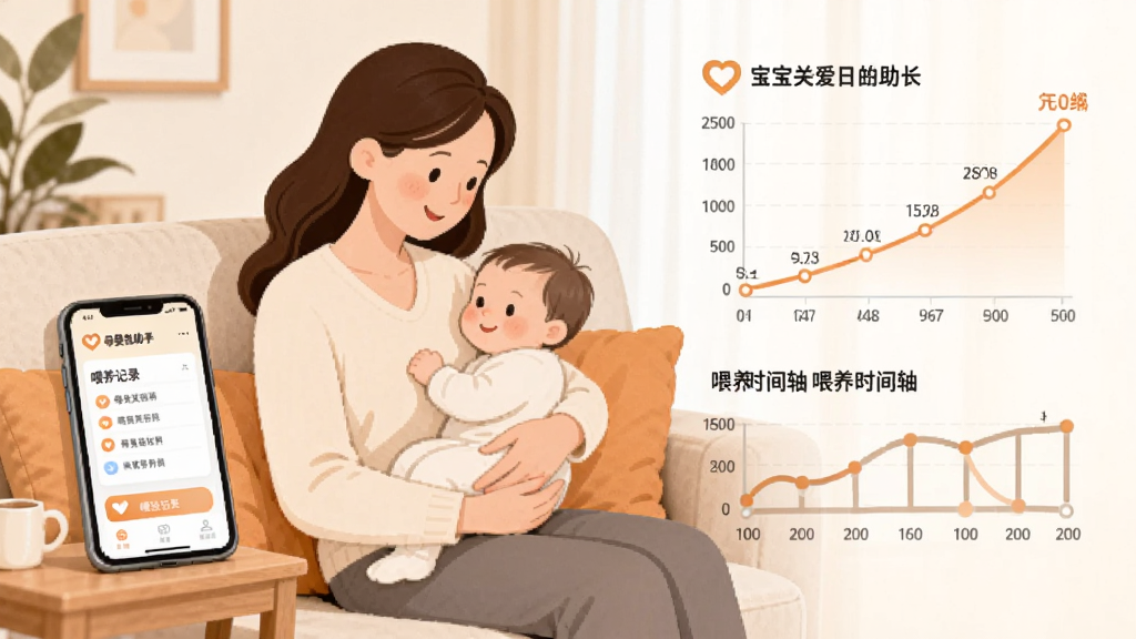 画面展示一位妈妈抱着婴儿坐在沙发上,旁边手机屏幕上显示母婴关爱助手的喂养记录界面;画面右侧以信息图形式呈现宝宝成长曲线和喂养时间轴;整体采用温暖的家庭场景插画风格,色调以米白、浅橙为主,布局舒适自然,画质细腻干净。