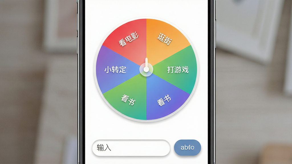 一张展示小决定小转盘自定义编辑界面的图片,画面主体是手机屏幕,屏幕内显示一个正在编辑的转盘,转盘上分布着不同颜色的扇形区域,每个区域内有文字如“看电影”“逛街”“打游戏”“看书”,屏幕下方有一个输入框和添加按钮,布局为竖版手机界面,风格为现代简约扁平化设计,细节包括扇形区域的渐变填充、按钮的微阴影效果、输入框的圆角边框,画质高清干净,画面中文字必须加引号“小决定小转盘”。