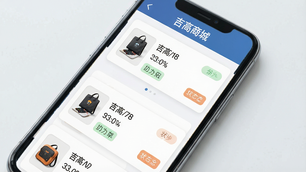 一张展示吉高商城订单管理界面的图片,画面主体是手机屏幕上的订单列表,显示不同状态的订单卡片,包含商品缩略图和状态标签,背景为浅灰色,风格干净商务,细节清晰,画质干净,无多余元素,屏幕上方有“吉高商城”文字