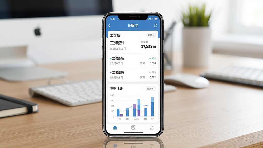 一张展示E薪宝移动端主界面的场景图,画面中央放置一部智能手机,屏幕显示薪资管理仪表盘界面,包含工资条列表和考勤统计图表,背景为明亮的办公室桌面,布局采用居中构图,风格为现代扁平化UI展示风格,细节包括手机边框反光、桌面木纹质感,画质清晰干净,无多余元素