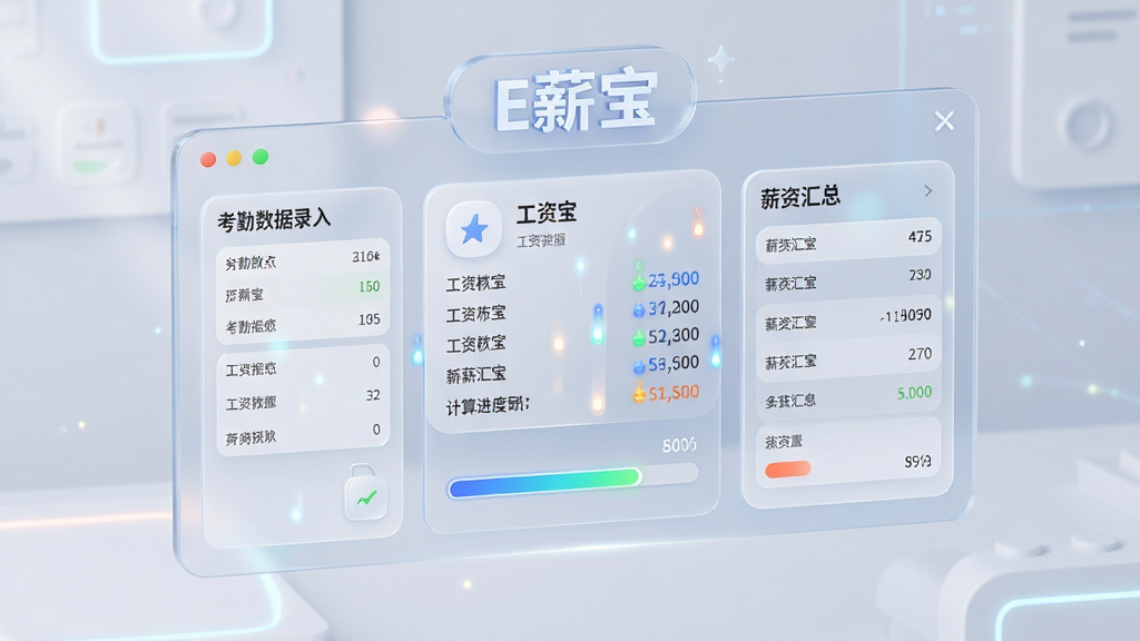 一幅AI生成的薪资核算场景图,画面主体为一块悬浮的半透明数据面板,面板上展示工资条明细与计算进度条,面板上方有