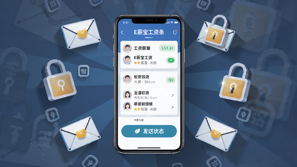 一张展示E薪宝工资条发放功能的界面图,画面中央为手机屏幕,屏幕内显示工资条列表和发送状态图标,屏幕周围环绕信封和锁形图标象征加密发送,布局采用中心放射构图,风格为简洁商务插画风格,细节包括图标阴影和屏幕高光,画质清晰干净,无多余装饰