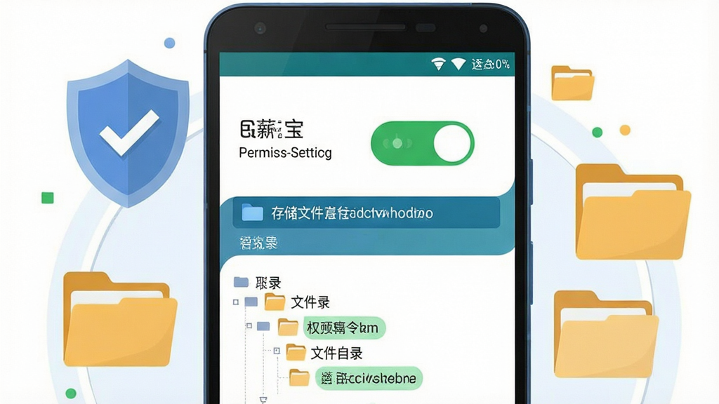 一幅展示E薪宝在手机上安全运行的操作示意图,画面主体为一部安卓手机,屏幕显示权限设置界面和存储文件夹路径,手机周围环绕盾牌和文件夹图标,布局采用上下结构,上方为权限开关示意,下方为文件目录树,风格为扁平化安全提示插画风格,细节包括绿色勾选标记和文件夹高亮,画质清晰干净,无多余元素