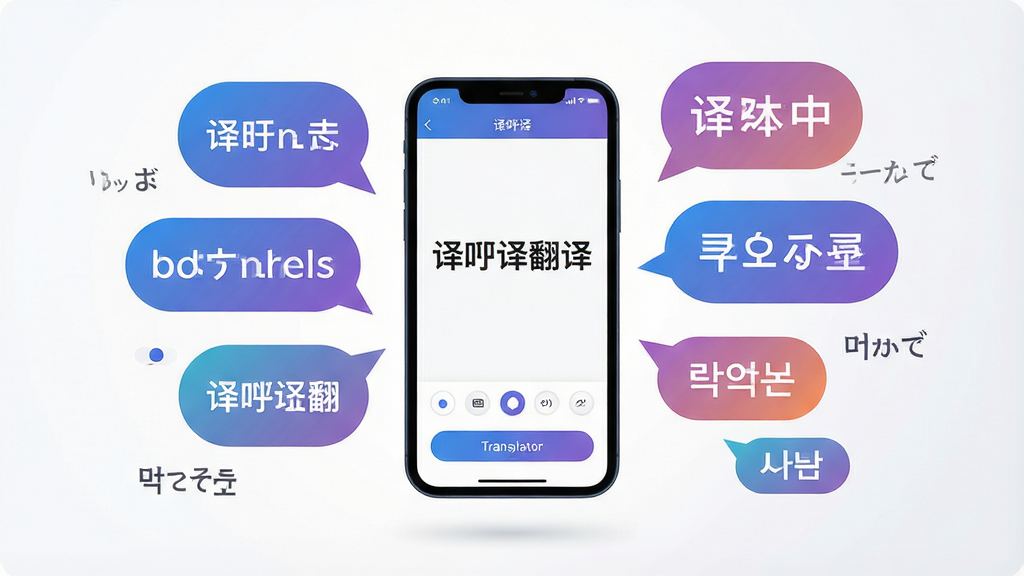 一张展示多国语言翻译功能的AI生图,主体为一部智能手机悬浮在画面中央,手机屏幕中显示“译吖译翻译”界面,屏幕内呈现中文、英文、日文、韩文等多种语言字符以气泡形式环绕手机;布局采用中心辐射式构图,手机位于画面正中,语言气泡均匀分布四周;排版上语言气泡大小错落有致,形成视觉动感;风格为扁平化科技插画风;细节上气泡颜色各异但整体色调统一为蓝紫渐变,手机界面清晰可见翻译按钮与语言切换栏;画质高清、干净、无多余元素,背景为纯白或浅灰渐变。