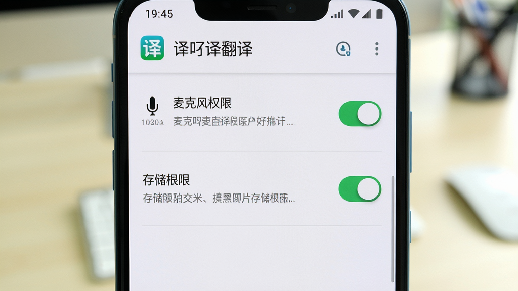 一部安卓手机展示“译吖译翻译”的权限设置页面,主体为手机屏幕特写,屏幕中显示麦克风权限与存储权限的开关选项,开关呈绿色开启状态;布局为手机居中,背景为浅色办公桌面虚化;排版上权限列表清晰排列,顶部有软件名称“译吖译翻译”标识;风格为真实手机截图风格;细节上可见权限说明文字与系统提示图标;画质高清、干净、无多余元素,整体色调明亮自然。