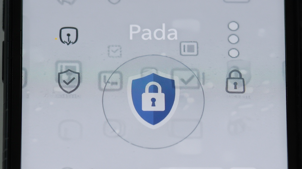 手机屏幕显示Pada隐私设置页面,有Pada名称和盾牌锁形图标,布局居中对称,风格安全简约,细节清晰,画质干净,无多余元素