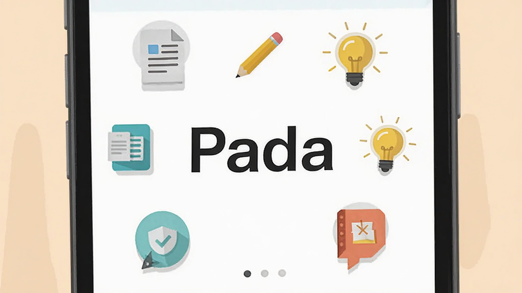 手机屏幕展示Pada文本生成界面,屏幕中有Pada字样,周围环绕文档、铅笔、灯泡等图标,布局居中,风格扁平化插画,细节简洁,画质干净,无多余元素