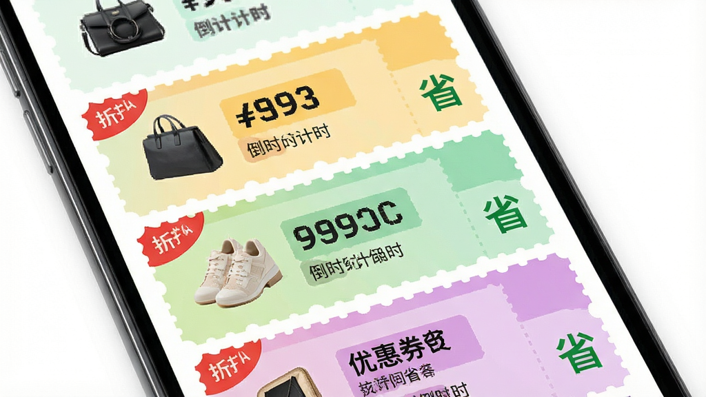 一张购物商城特惠多多优惠券聚合功能的界面截图风格图,主体为手机屏幕内显示多张不同颜色的优惠券卡片,布局为纵向列表排列每张卡片包含商品图、券面金额和倒计时,排版紧凑信息清晰,风格为清新浅色系,细节包括红色折扣标签和绿色省字图标,画质高清干净无多余元素,背景为白色。