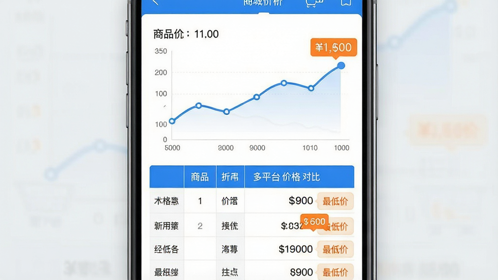 一张购物商城特惠多多智能比价功能的界面示意图,主体为手机屏幕内展示商品价格折线图与多平台价格对比列表,布局采用上方折线图下方表格的上下结构,排版清晰数据标注明确,风格为简约商务风,细节包括蓝色价格线和橙色最低价标记,画质高清干净无多余元素,背景为浅灰色。