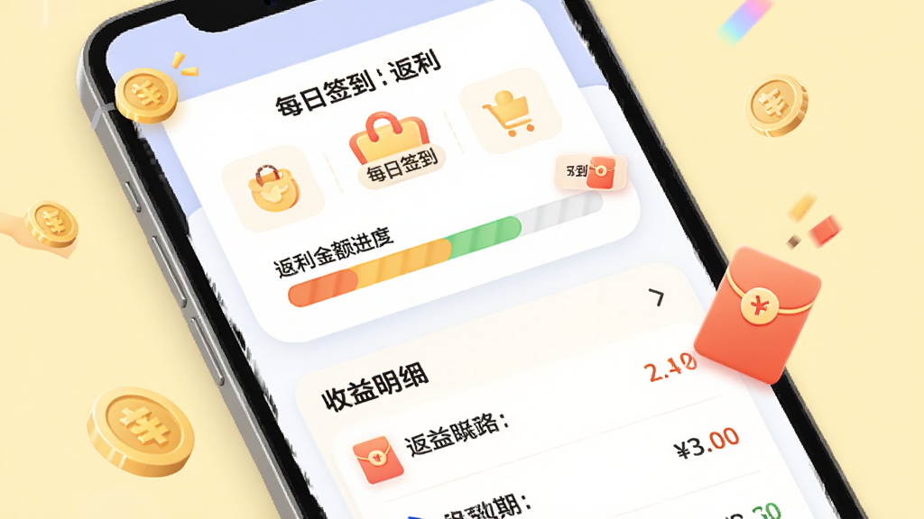 一张购物商城特惠多多返利与签到功能的界面图,主体为手机屏幕显示每日签到日历和返利金额进度条,布局为上方签到模块下方收益明细列表,排版活泼有序,风格为柔和圆角卡通风,细节包括金币图标和红包动画元素,画质高清干净无多余元素,背景为淡黄色。