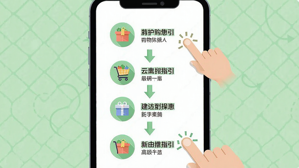 一张购物商城特惠多多新手操作指引的示意图,主体为手机屏幕显示分步操作流程图,布局为纵向步骤条每步配图标和简短文字,排版清晰易读,风格为扁平化插画风,细节包括手指点击动画和箭头引导,画质高清干净无多余元素,背景为浅绿色。