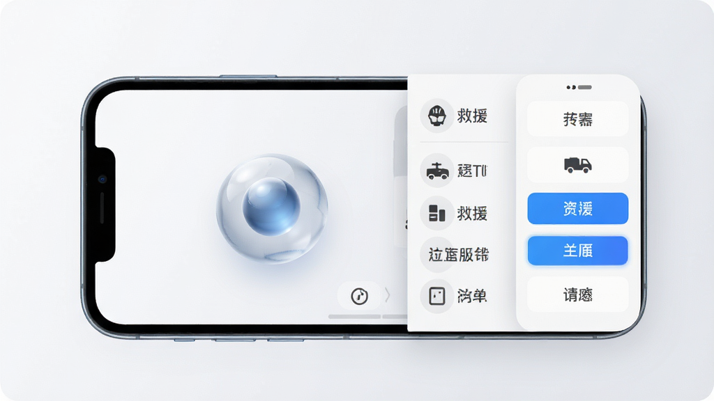 救援大师(辅助菜单)悬浮菜单功能展示图,主体为手机屏幕上的悬浮球和展开的菜单面板,布局为手机居中展示,菜单面板从右侧滑出,排版清晰展示各功能按钮,风格为现代简约科技风,细节包括悬浮球半透明设计、菜单项图标化排列、蓝色高亮选中效果,画质高清,干净,无多余元素