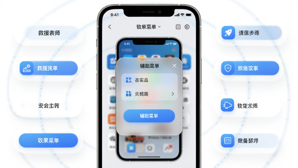 救援大师(辅助菜单)软件主界面预览图,主体为手机屏幕展示软件辅助菜单悬浮窗,布局为中央展示手机正面,周围环绕功能图标和菜单选项,排版简洁有序,风格为科技感UI设计,细节包括蓝色渐变按钮、圆角菜单面板、半透明悬浮窗效果,画质高清,干净,无多余元素