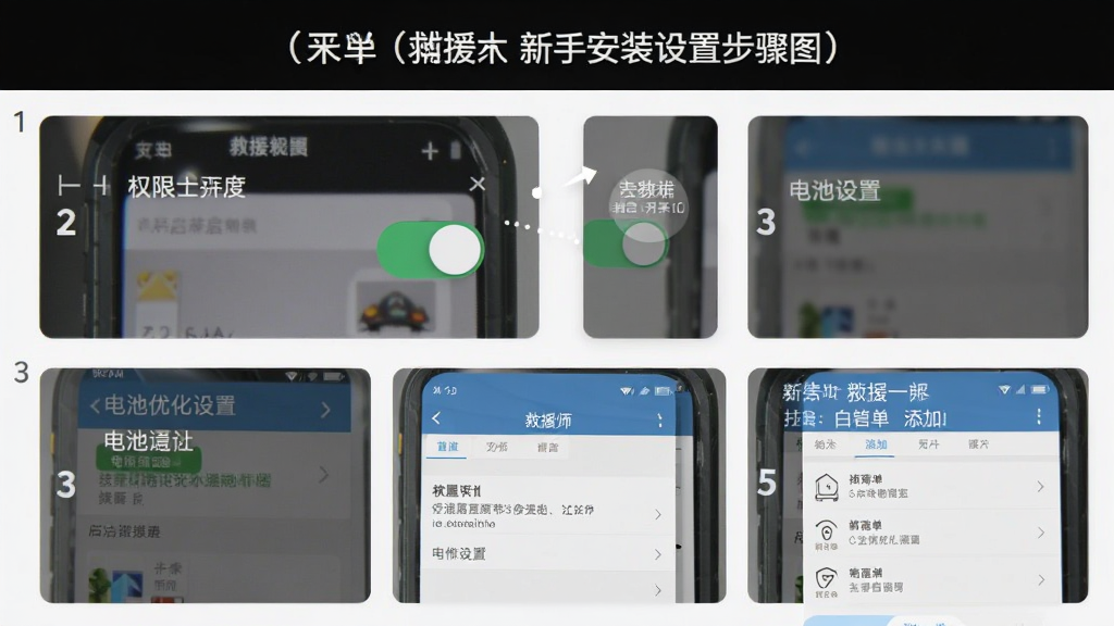 救援大师(辅助菜单)新手安装设置步骤图,主体为手机设置界面截图示意,布局为上下分步展示权限开启流程,排版为步骤编号排列,风格为清晰教程风格,细节包括悬浮窗权限开关、电池优化设置、白名单添加界面,画质高清,干净,无多余元素