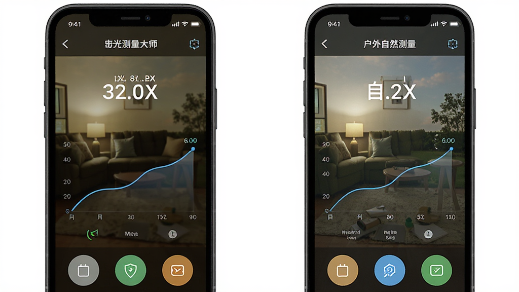 一张展示光强仪Bright测量大师应用多场景测量模式的示意图,画面左侧是手机显示室内灯光测量界面,右侧是手机显示户外自然光测量界面,布局为左右对比排版,风格为功能演示插画,细节包含勒克斯数值、趋势曲线、图标按钮,画质为高清,干净,无多余元素