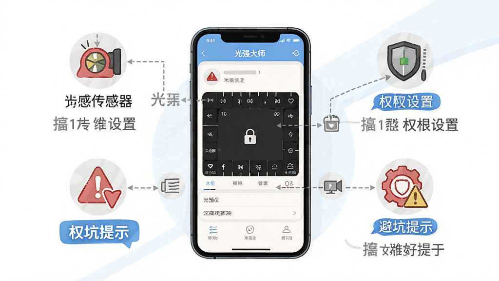 一张展示光强仪Bright测量大师新手使用注意事项的示意图,画面中央是手机屏幕显示光强测量界面,周围有图标标注传感器位置、权限设置、避坑提示,布局为环绕式信息图,风格为清新教学插画,细节包含红色警示图标、蓝色优化标签、灰色提示文字,画质为高清,干净,无多余元素