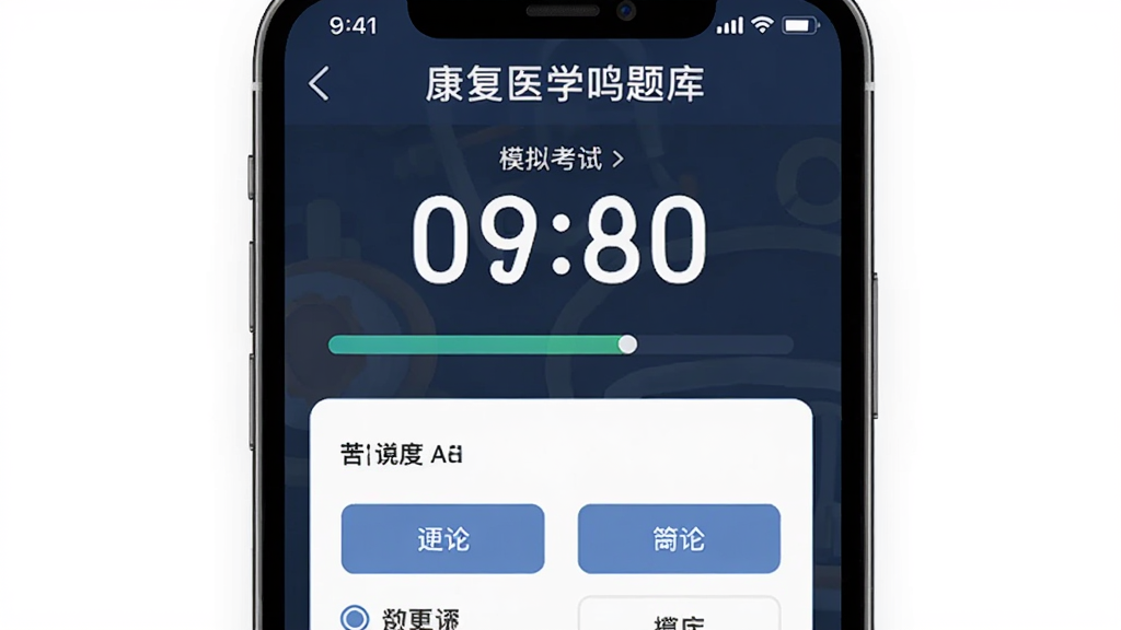 AI��ͼ������Ϊ������ҽѧ����⡱ģ�⿼�Խ��棬����Ϊ�ֻ���Ļ������ʾ���Լ�ʱ���ʹ��⿨���Ű�Ϊ���½ṹ�����Ϊ���࿼�Է�Χ��UI��ƣ�ϸ�ڰ�������ʱ���֡������������ѡ�ť�����ʸ���ɾ��޶���Ԫ��