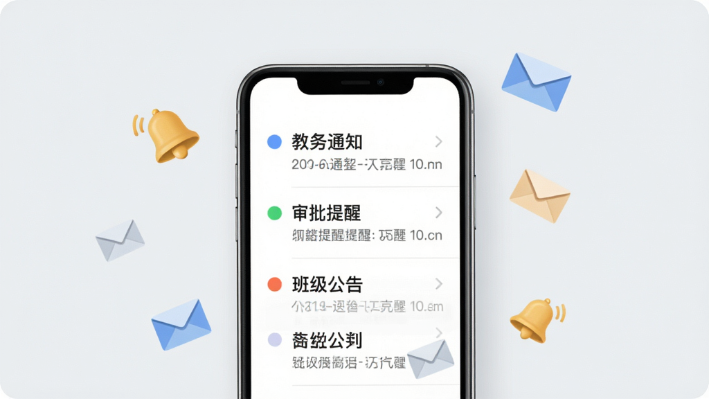 一幅表现正方云消息通知功能的界面示意图,画面中央是一部智能手机,屏幕显示消息列表,包含教务通知、审批提醒、班级公告等条目,每条消息前有彩色圆点标识,手机周围漂浮着小铃铛和信封图标,背景为浅灰色,风格清爽干净,画质细腻,无多余装饰