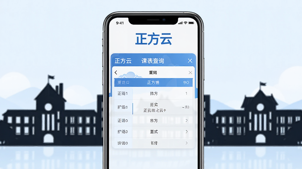 一张展示正方云APP主界面的手机样机图,画面中央是手机屏幕,屏幕内显示正方云课表查询页面,顶部有