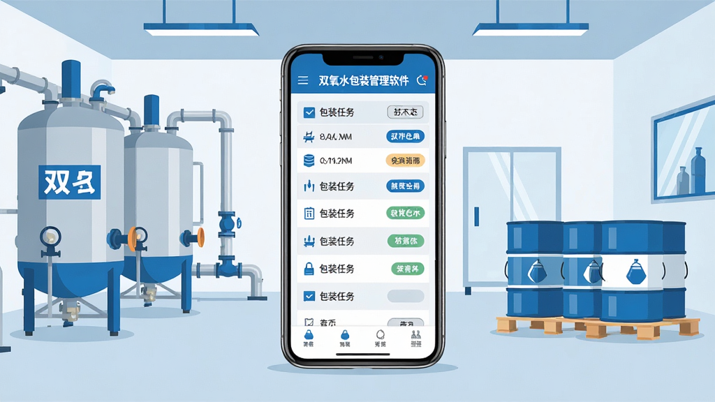 双氧水包装管理软件主界面展示,画面中央放置一部智能手机,屏幕显示包装任务列表与状态标签,背景为整洁的化工车间环境,左侧有双氧水储罐与管道元素,右侧有包装桶与托盘元素,整体采用蓝白配色,扁平化设计风格,细节清晰,画质干净,无多余装饰元素