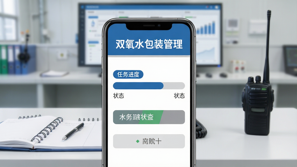 双氧水包装管理任务跟踪功能界面,画面中央为手机屏幕展示任务进度条与状态标签,屏幕上方有