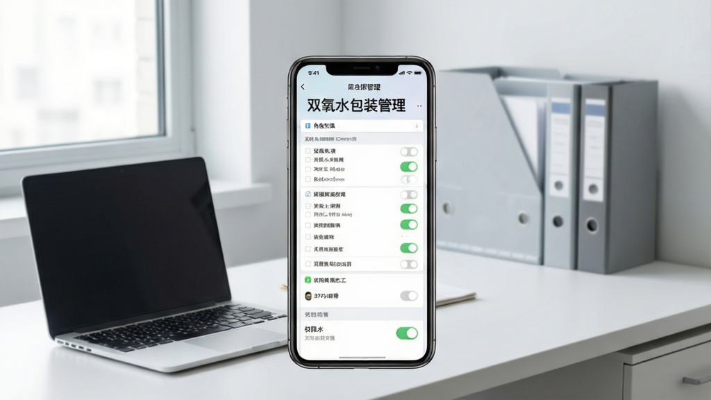 双氧水包装管理权限管理界面,手机屏幕展示角色列表与权限开关,画面中有