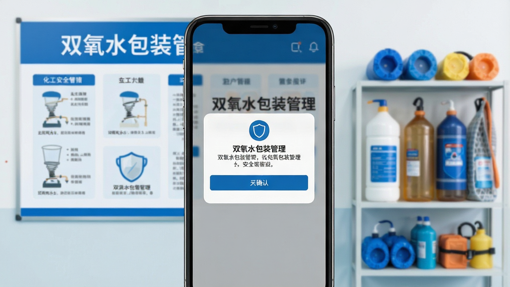 双氧水包装管理安全提示界面,手机屏幕显示安全操作确认弹窗与防护图标,画面中有