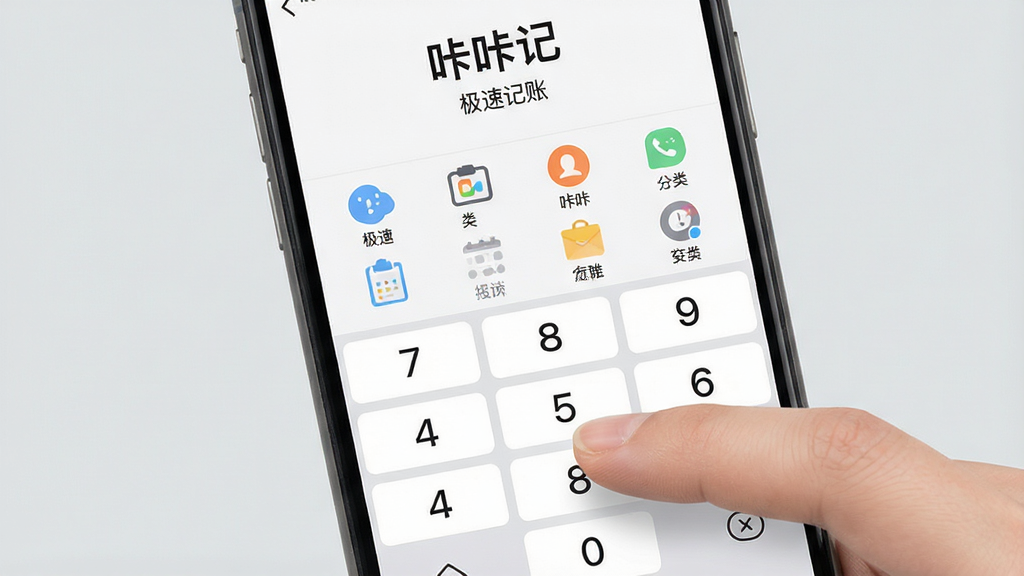 一张展示咔咔记极速记账功能的界面截图,主体为手机屏幕特写,屏幕显示咔咔记的记账面板,数字键盘和分类图标清晰可见,布局为居中排版,风格干净扁平化,细节上手指正在点击数字按键,背景为纯色浅灰,画质清晰,文字内容为“咔咔记”和“极速记账”