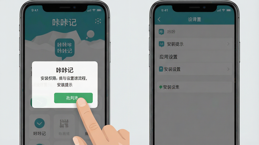 一张展示咔咔记安装与设置流程的示意图,主体为手机屏幕显示安装权限提示和应用设置界面,布局为左右分屏,左侧为安装权限弹窗右侧为设置页面,风格写实扁平化,细节上手指正在点击允许按钮,背景为浅灰色,画质清晰,文字内容为“咔咔记”和“安装提示”
