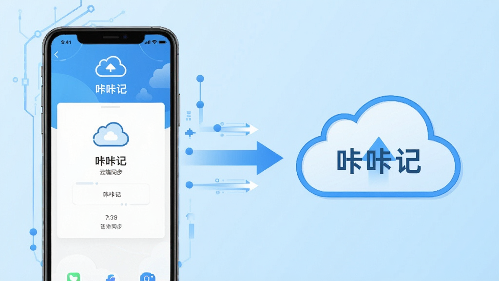 一张展示咔咔记云端同步与备份功能的示意图,主体为手机和云朵图标之间的数据流动示意,布局为左右结构,手机在左云朵在右,中间有箭头连接,风格科技感扁平化,细节上手机屏幕显示“咔咔记”备份界面,背景为浅蓝色渐变,画质清晰,文字内容为“咔咔记”和“云端同步”