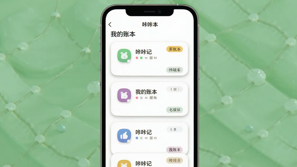 一张展示咔咔记多账本管理界面的预览图,主体为手机屏幕显示账本列表,每个账本以卡片形式排列,带有不同的图标和颜色标签,布局为纵向列表,风格柔和圆角,细节上卡片有轻微阴影,背景为白色,画质清晰,文字内容为“咔咔记”和“我的账本”