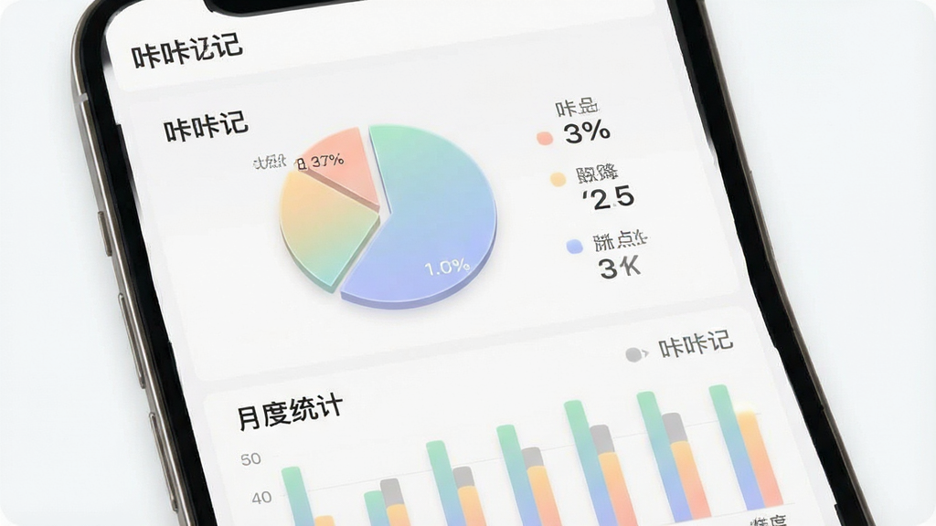 一张展示咔咔记数据统计图表的界面截图,主体为手机屏幕显示饼图和柱状图,图表颜色柔和,数据标签清晰,布局为上下排列,风格现代简洁,细节上图表有轻微渐变效果,背景为浅色,画质清晰干净,文字内容为“咔咔记”和“月度统计”