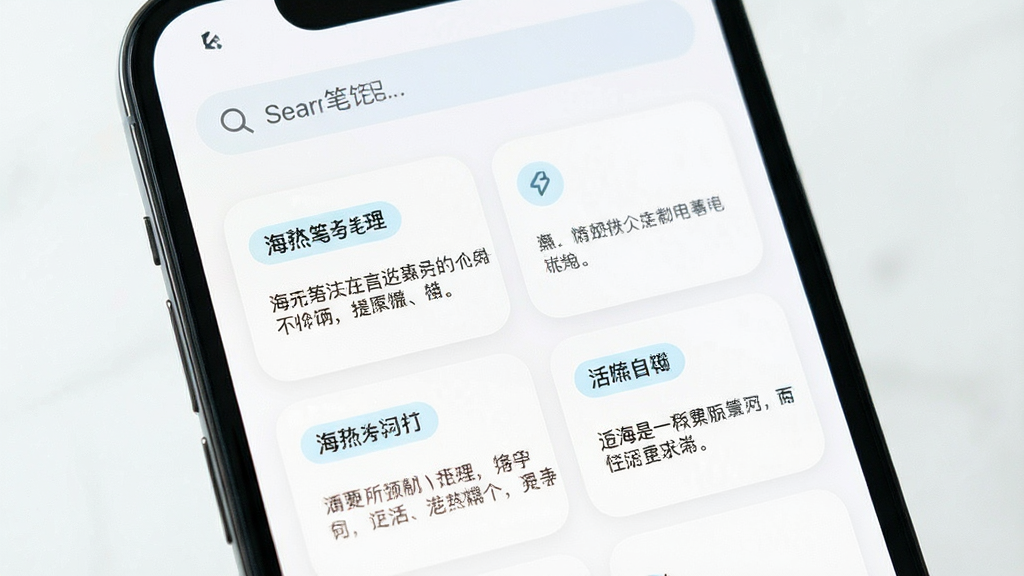 一张展示海獭笔记极简记录体验的预览图,主体为手机屏幕特写,屏幕中显示海獭笔记的笔记列表界面,卡片式布局排列整齐,每张卡片上有标题和摘要文字,顶部搜索栏高亮显示,风格为清新浅色系,细节包括圆角卡片、淡蓝色高亮标签、白色背景,画质清晰,干净,无多余元素